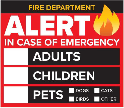 Alert In Case of Emergency Adults Children Pets Dogs, Cats, Birds Other Door Window Fire Safety Rescue Decal Sticker