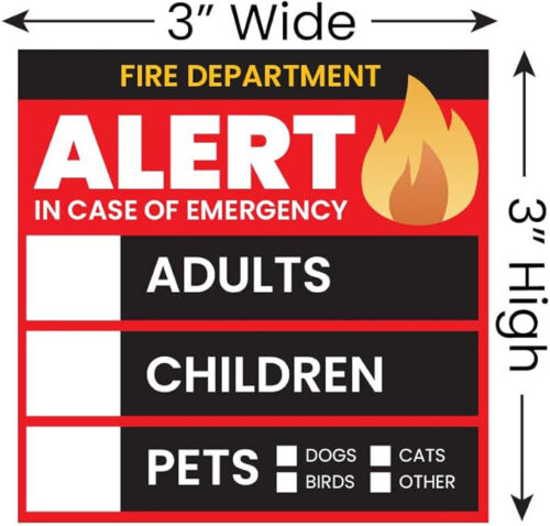 Alert In Case of Emergency Adults Children Pets Dogs, Cats, Birds Other Door Window Fire Safety Rescue Decal Sticker